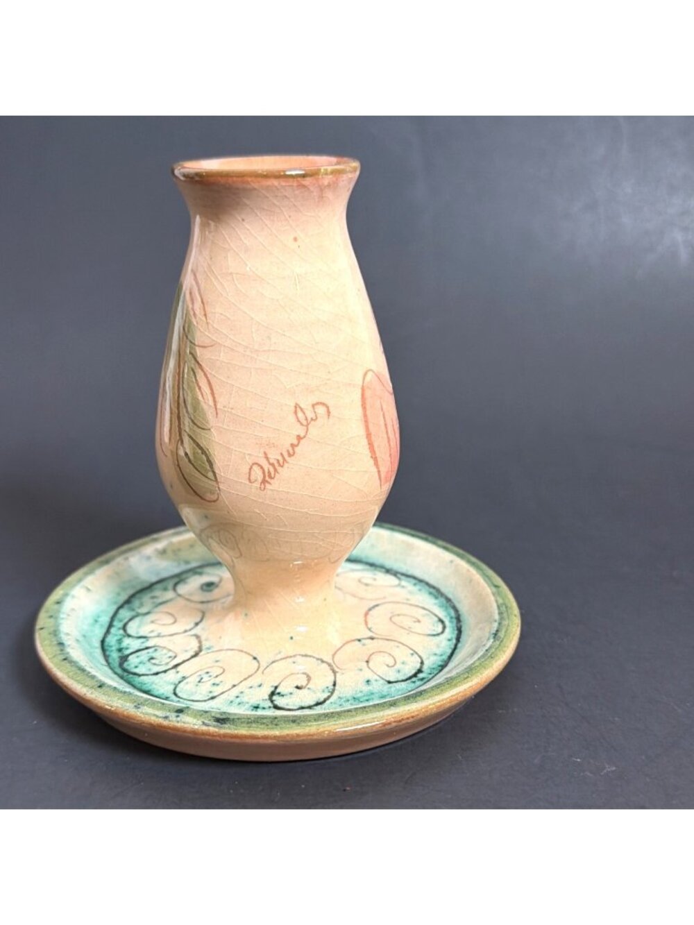 VTG Signed Hand Painted Greek Art Pottery Candlestick Holder Floral Tumblers Set - Picture 4 of 16